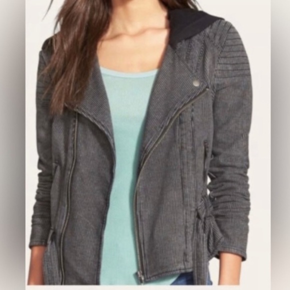 Free People Railroad Stripe Knit Hooded Moto Jacket - Picture 1 of 8